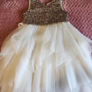 Floral Embellished Kids Dress - White and Multicolor
